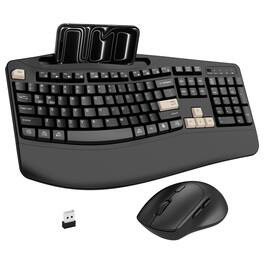 PRIMEPLUS - Wireless Keyboard & Mouse Combo, 2.4G Ergonomic Full Size Wave Keys with Wrist Rest & Phone Holder, 3-DPI Silent Mouse - Latte Black