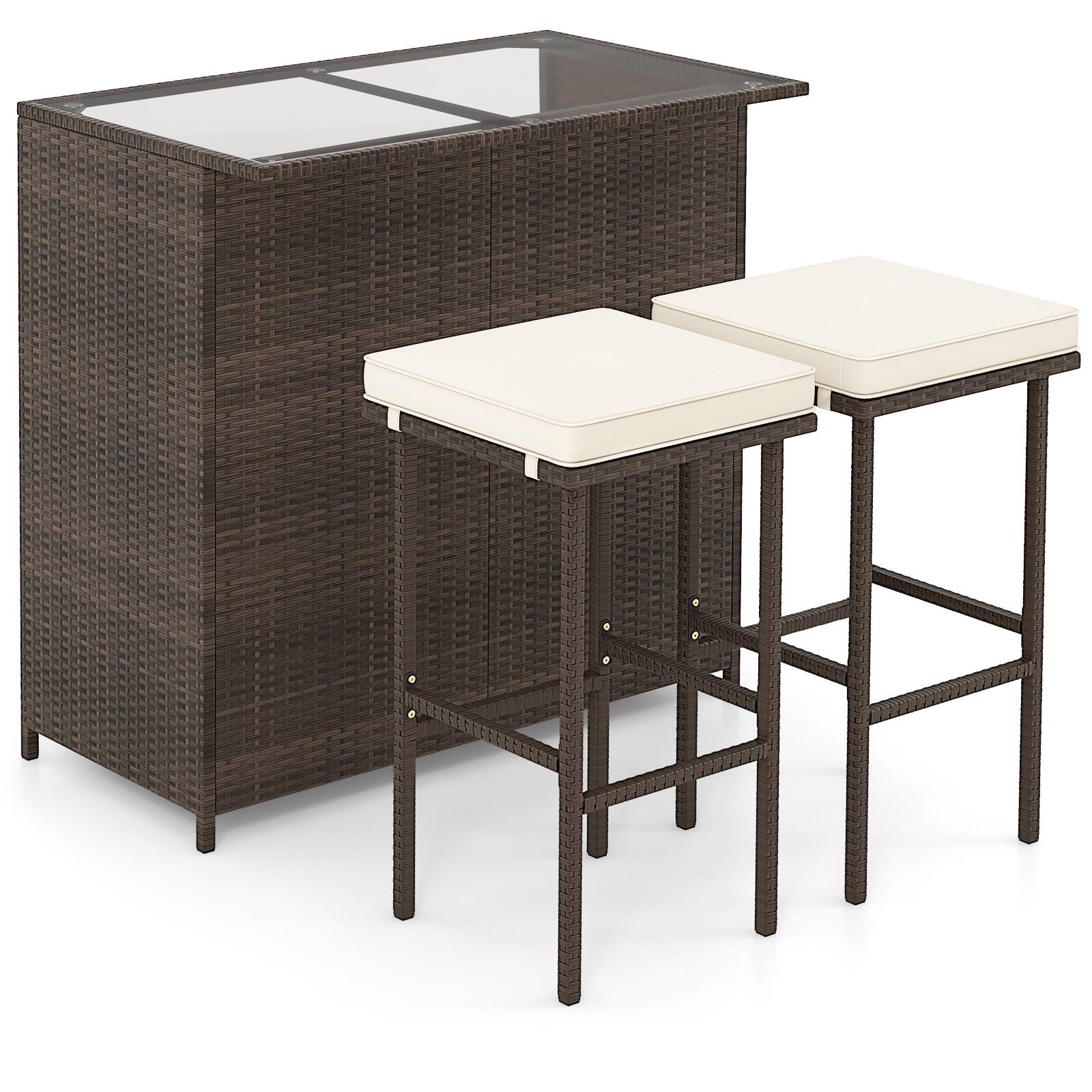 Alt View 7. Gymax - Gymax Set of 3 Patio Bar Set w/ Tempered Glass Tabletop 2-Tier Storage Removable Cushions - White.