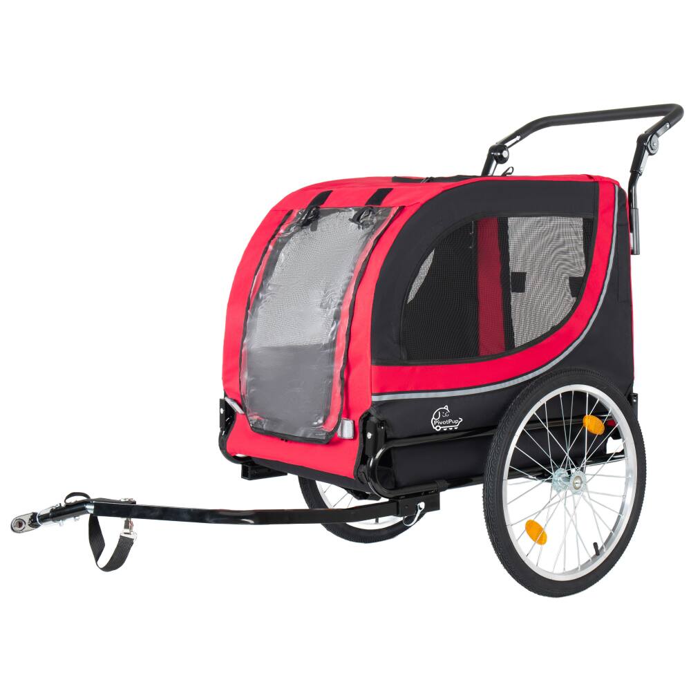 Left. JUJABU - 2-in-1 Foldable Pet Carrier Cart for Dogs up to 100lbs with Breathable Mesh and PVC Rain Cover, Red.