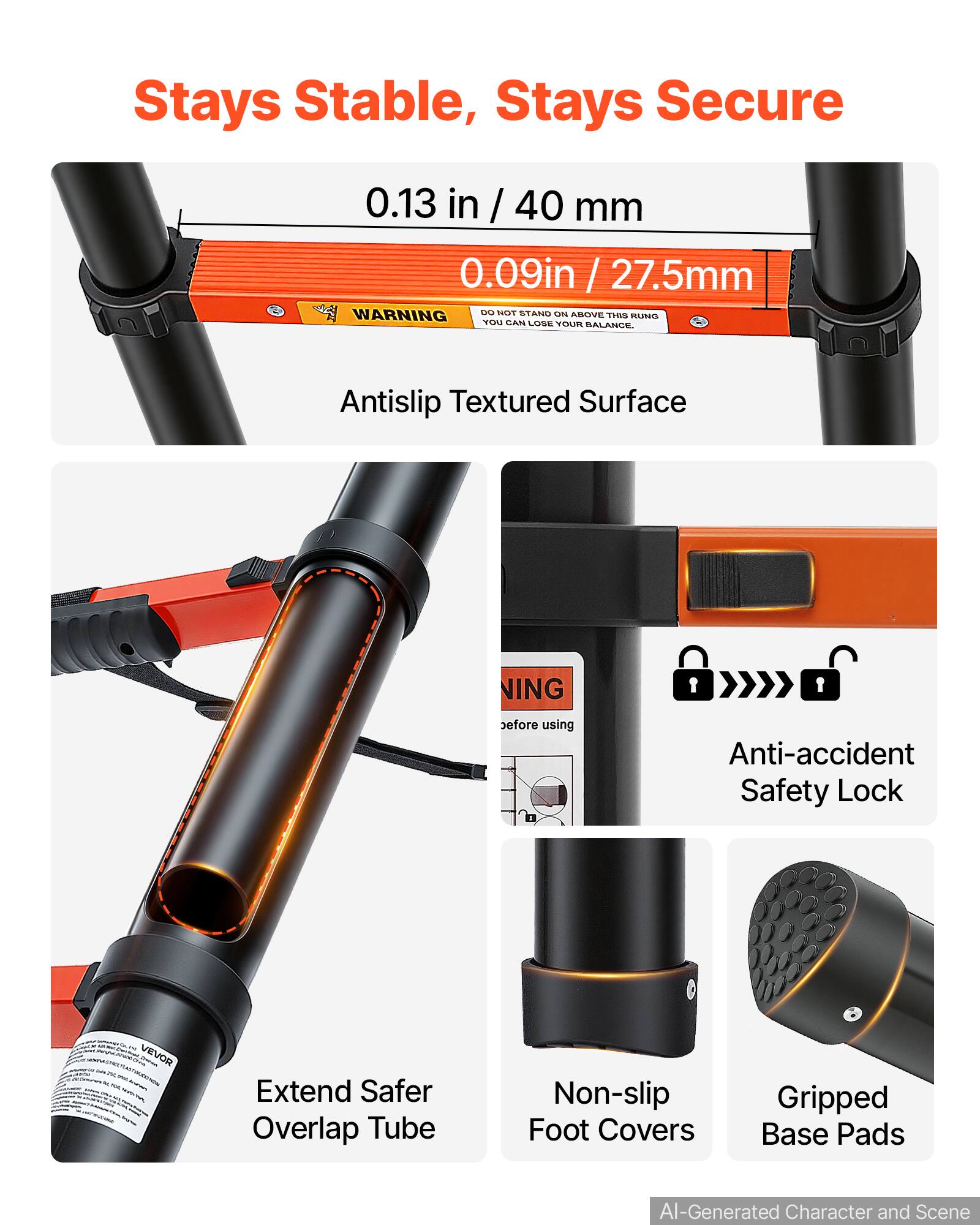 Stays Stable, Stays Secure

0.13 in / 40 mm  
0.09 in / 27.5 mm

WARNING: DO NOT STAND ON ABOVE THIS RUNG YOU CAN LOSE YOUR BALANCE.

Antislip Textured Surface

Anti-accident Safety Lock

Extend Safer Overlap Tube

Non-slip Foot Covers

Gripped Base Pads

AI-Generated Character and Scene