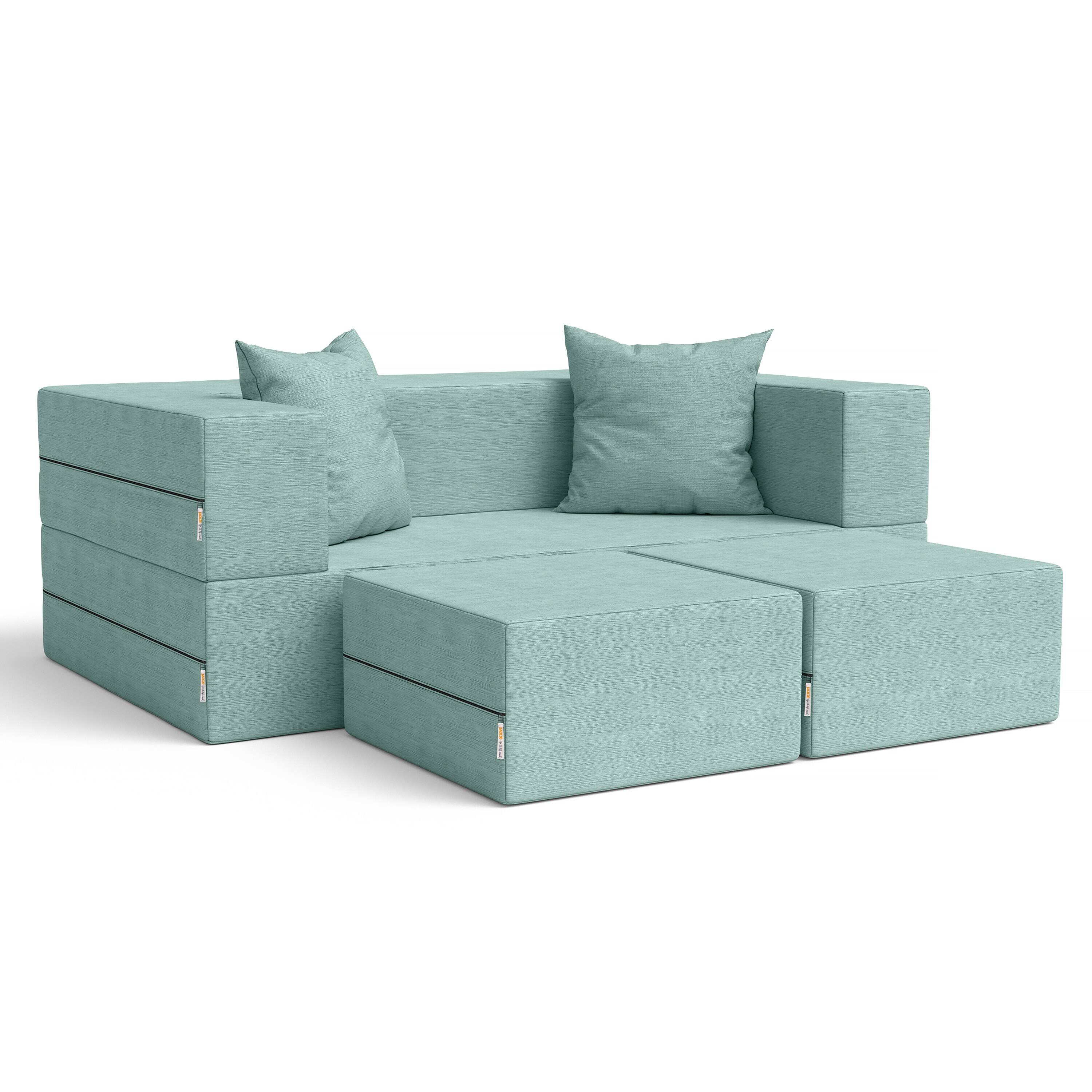 Front. Jaxx - Jaxx Zipline Convertible Sleeper Loveseat & Ottomans, Textured Microvelvet - Caribbean - Caribbean.
