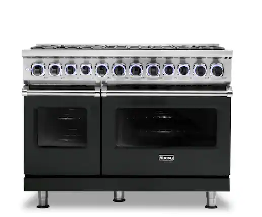 The image features a large, black Viking stove with a stainless steel top. The stove has a total of 14 burners, including 12 regular burners and two griddle burners. The stove is designed for efficiency and performance, making it an ideal choice for cooking enthusiasts. The stainless steel top adds a touch of elegance and durability to the appliance.