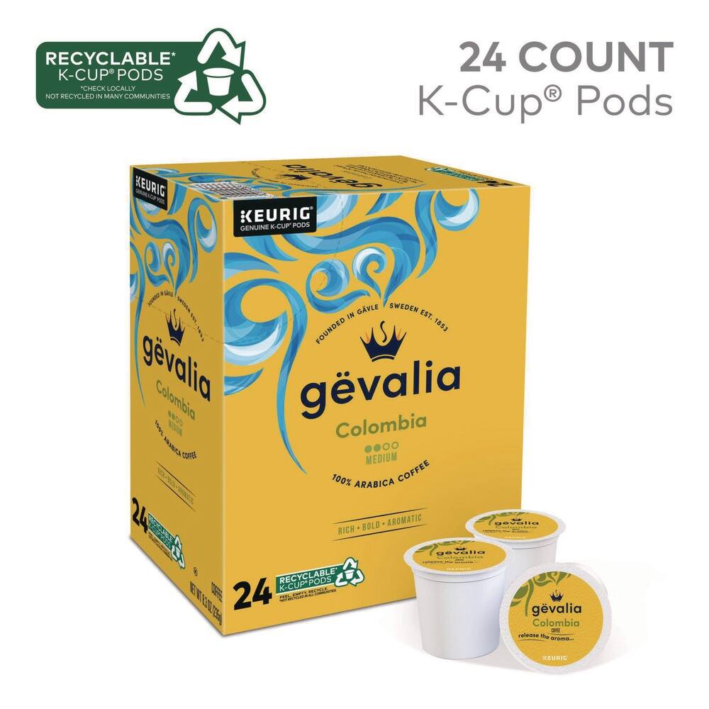 RECYCLABLE* K-CUP® PODS  
CHECK LOCALLY. NOT RECYCLED IN MANY COMMUNITIES  

KEURIG  
GENUINE K-CUP® PODS  

GÉVALIA  
Colombia  
MEDIUM  
100% ARABICA COFFEE  
BOLD • AROMATIC  

24 COUNT K-Cup® Pods  

GÉVALIA  
Colombia  
RELEASE THE AROMA...  

FOUNDED IN GÄVLE, SWEDEN EST. 1853  

24 RECYCLABLE K-CUP® PODS