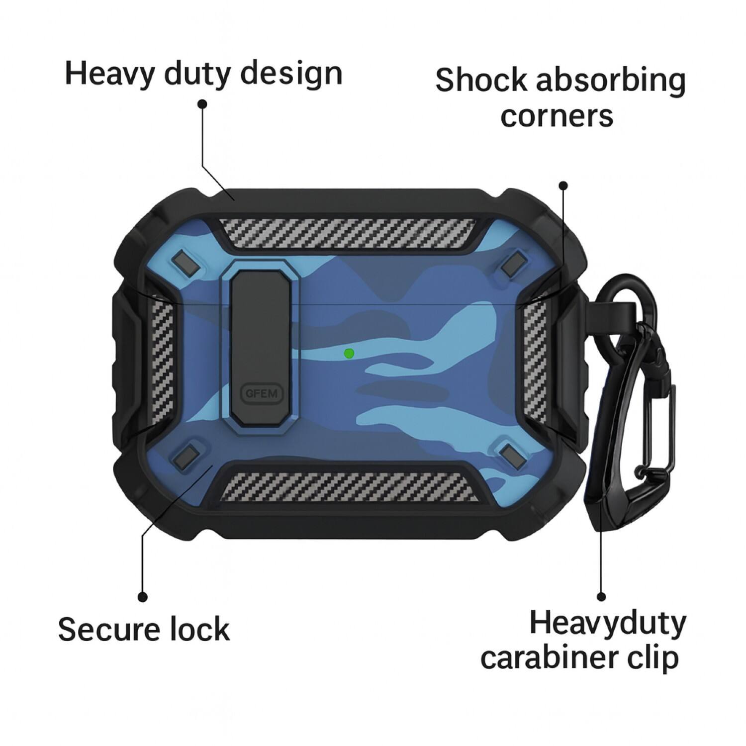 Heavy duty design  
Shock absorbing corners  
Secure lock  
Heavyduty carabiner clip