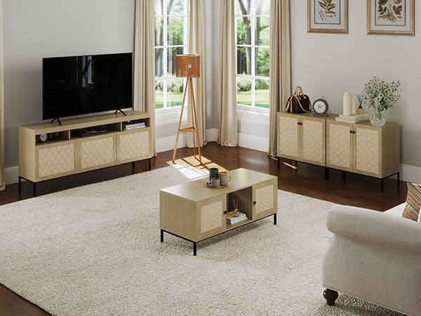 Back. Bestier - TV Stand for TVs up to 70” with Woven Wood Doors, Adjustable Shelf, Cable Management and Metal Legs - wooden.