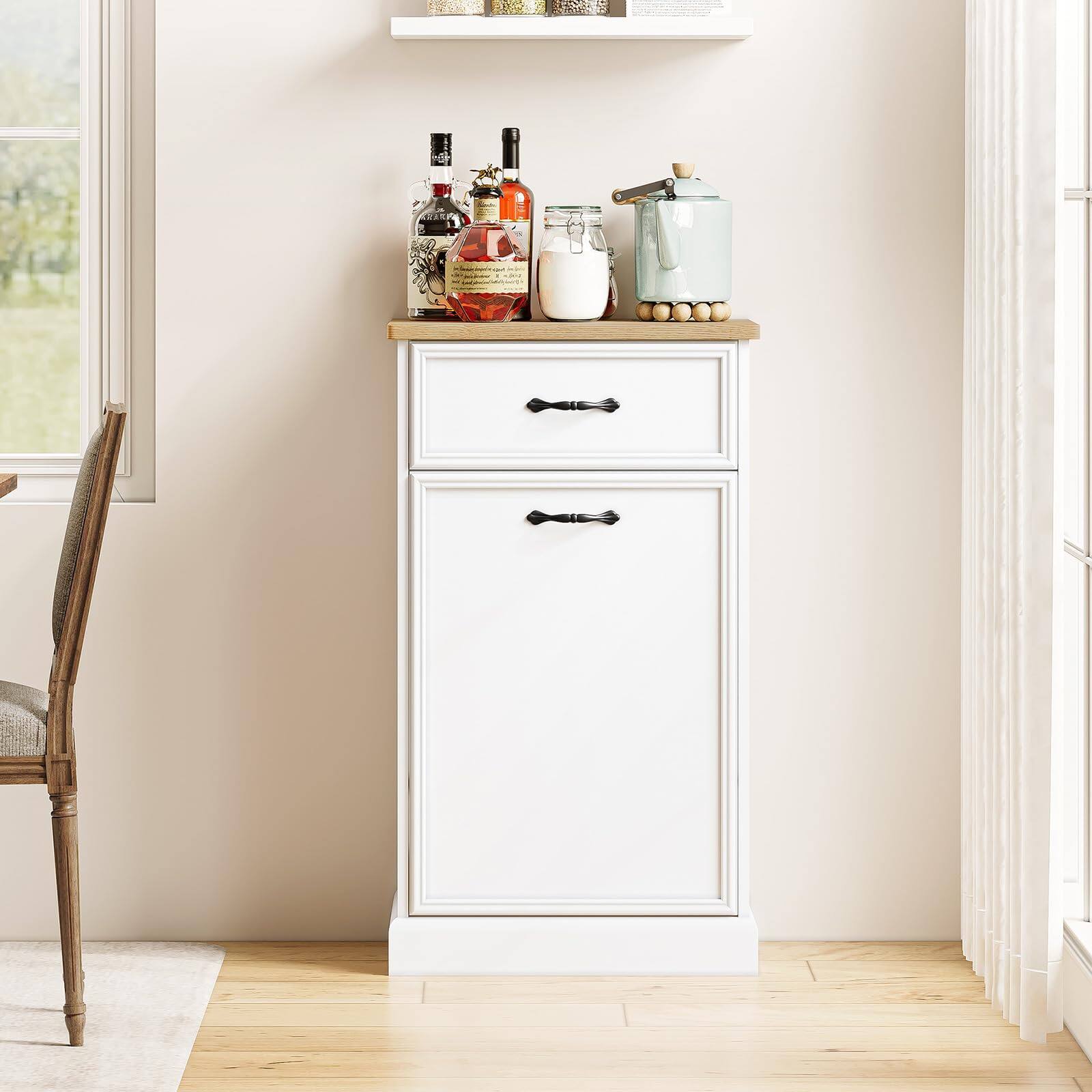 Back. Jojoka - Tilt-Out Trash Cabinet, 10 Gallon Hidden Garbage Bin Organizer with Storage Drawers - White.