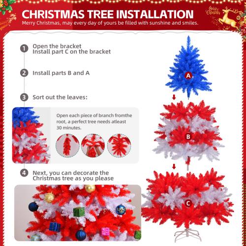 **CHRISTMAS TREE INSTALLATION**

Merry Christmas, may every day of yours be filled with sunshine and smiles.

1. Open the bracket  
   Install part C on the bracket

2. Install parts B and A

3. Sort out the leaves:  
   Open each piece of branch from the root, a perfect tree needs at least 30 minutes.

4. Next, you can decorate the Christmas tree as you please