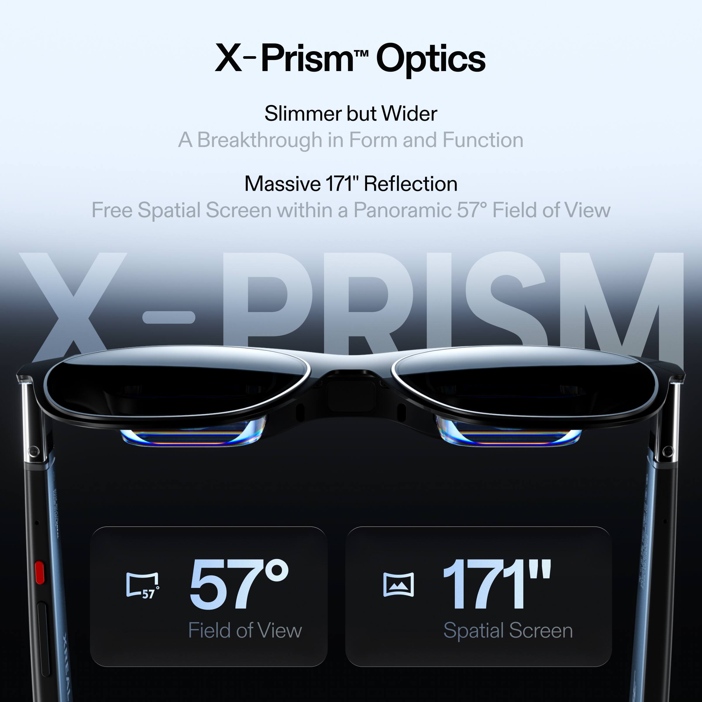 TM X-Prism Optics, Slimmer but Wider, A Breakthrough in Form and Function, Massive 171" Reflection, Free Spatial Screen within a Panoramic 57° Field of View, X-PRISM, 57° Field of View, 171" Spatial Screen