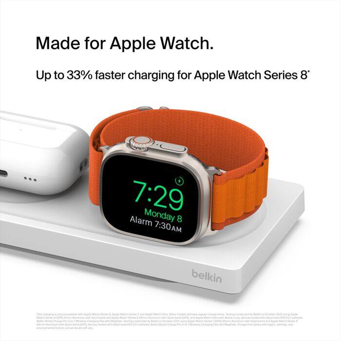 Made for Apple Watch.  
Up to 33% faster charging for Apple Watch Series 8*  

7:29  
Monday 8  
Alarm 7:30AM  

belkin