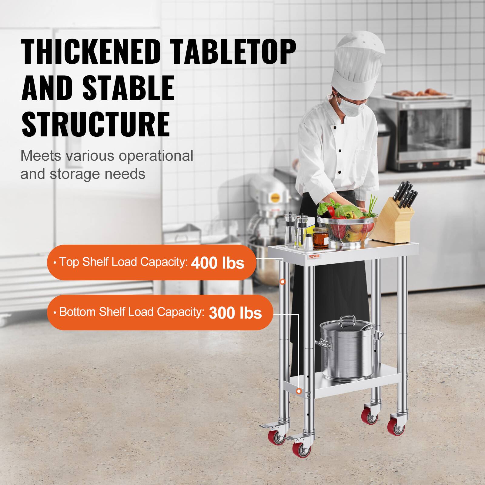 THICKENED TABLETOP AND STABLE STRUCTURE  
Meets various operational and storage needs  

- Top Shelf Load Capacity: 400 lbs  
- Bottom Shelf Load Capacity: 300 lbs