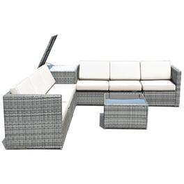 Pefilos - 8 Piece Wicker Sofa Rattan Dinning Set Patio Furniture with Storage Table- Wicker Furniture Conversation Sets - White