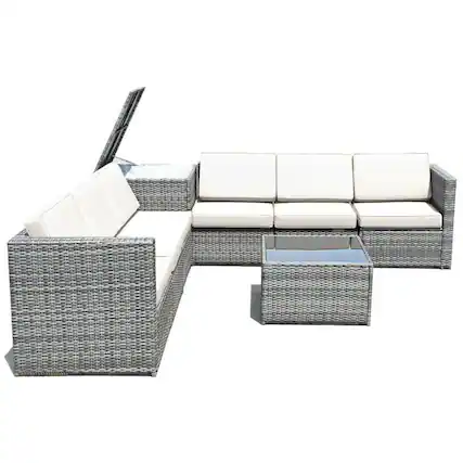 Front. Pefilos - 8 Piece Wicker Sofa Rattan Dinning Set Patio Furniture with Storage Table-White, Wicker Furniture Conversation Sets - White.