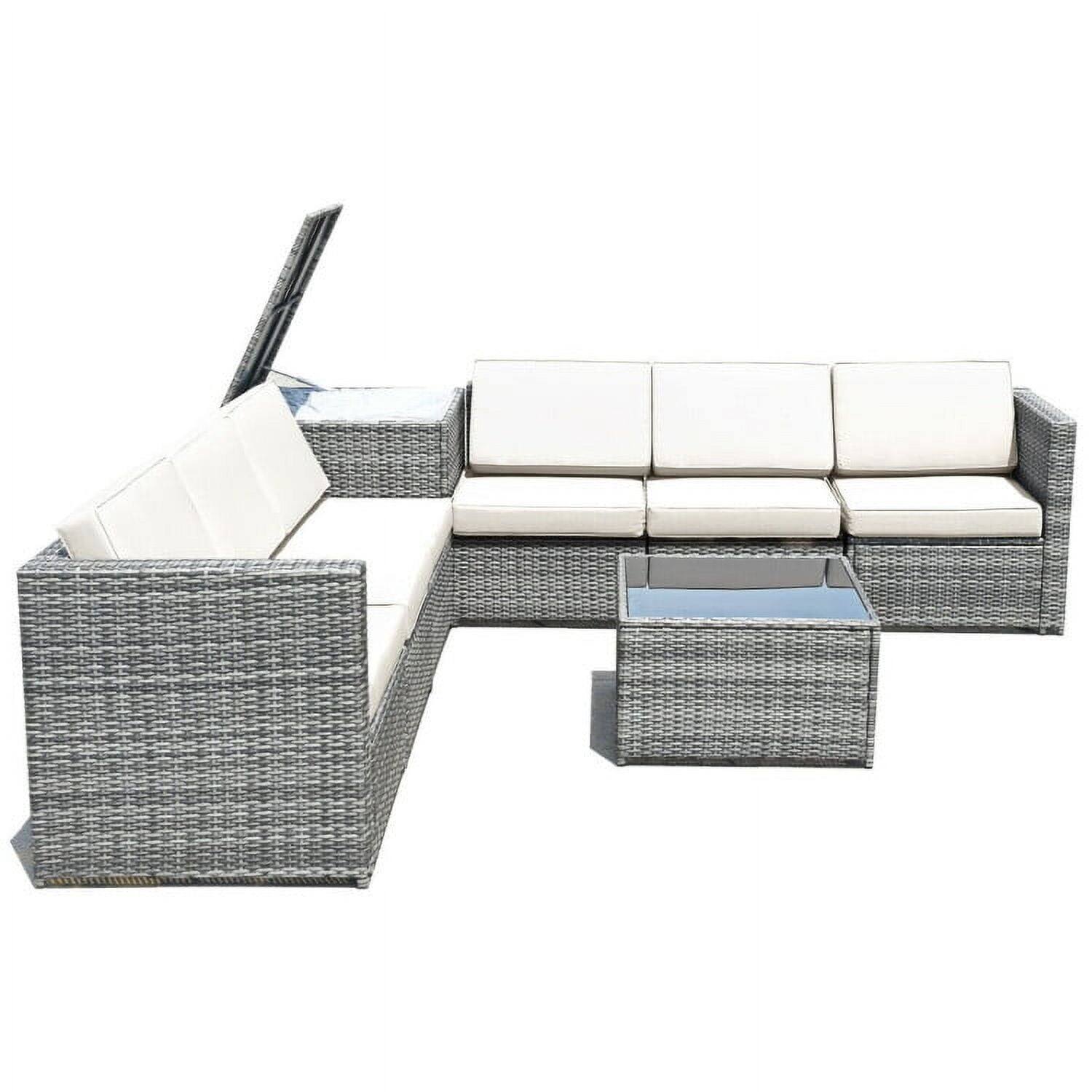 Front. Pefilos - 8 Piece Wicker Sofa Rattan Dinning Set Patio Furniture with Storage Table-White, Wicker Furniture Conversation Sets - White.