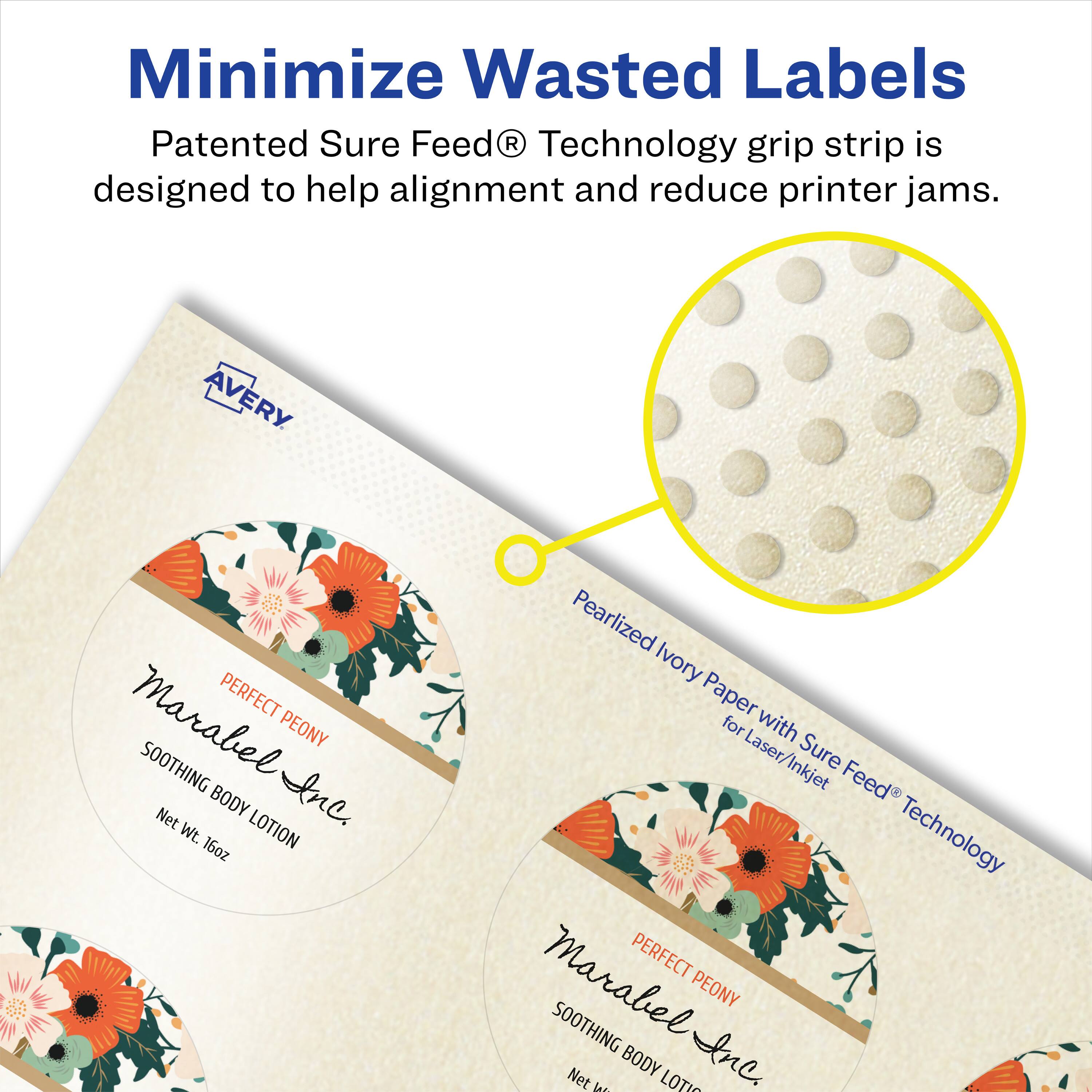 Minimize Wasted Labels  
Patented Sure Feed® Technology grip strip is designed to help alignment and reduce printer jams.  

AVERY  
PERFECT PEONY  
SOOTHING BODY LOTION  
Net Wt. 16oz  

Pearlized Ivory Paper for Laser/Inkjet with Sure Feed® Technology