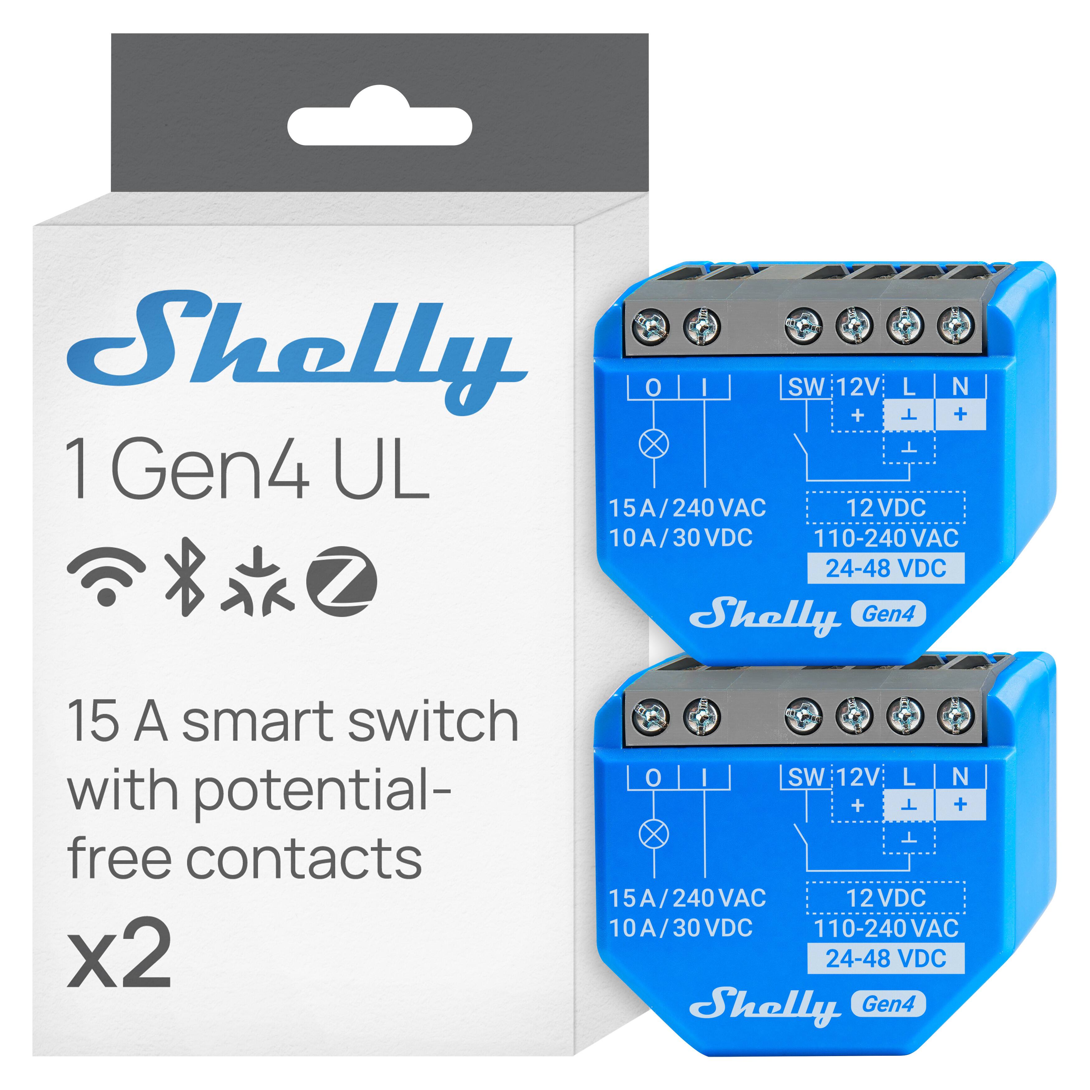 Shelly 1 Gen4 UL  
15A/240VAC  
10A/30VDC  
110-240VAC  
24-48VDC  
Shelly Gen4  
15A smart switch with potential-free contacts x2