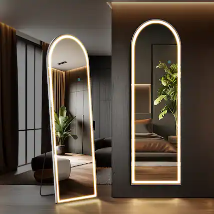 Front. DOMETOUR - 16"x60" Arch Full Length Mirror with LED Lights, Lighted Floor Standing Mirror with Stand.