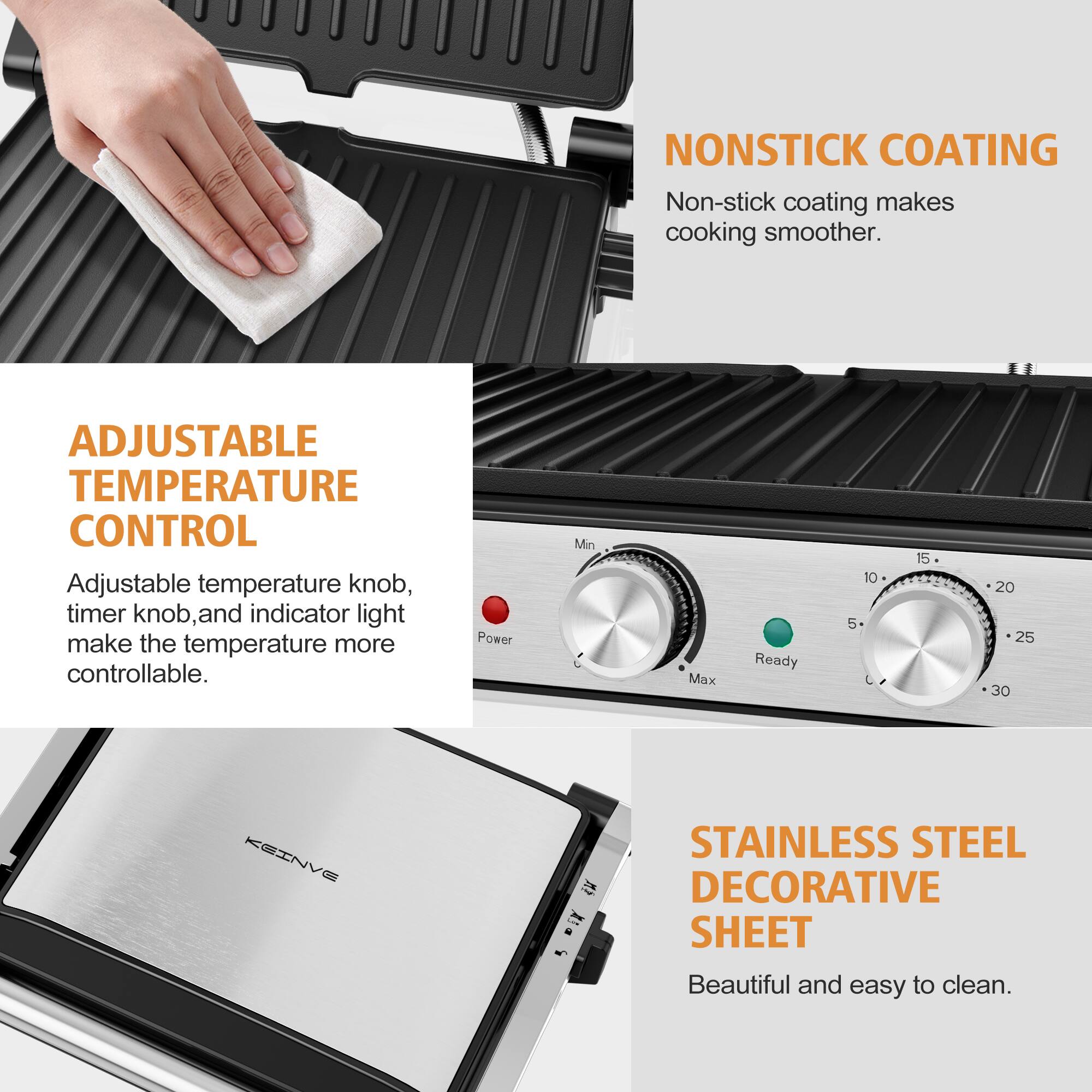 **NONSTICK COATING**  
Non-stick coating makes cooking smoother.

**ADJUSTABLE TEMPERATURE CONTROL**  
Adjustable temperature knob, timer knob, and indicator light make the temperature more controllable.

**STAINLESS STEEL DECORATIVE SHEET**  
Beautiful and easy to clean.