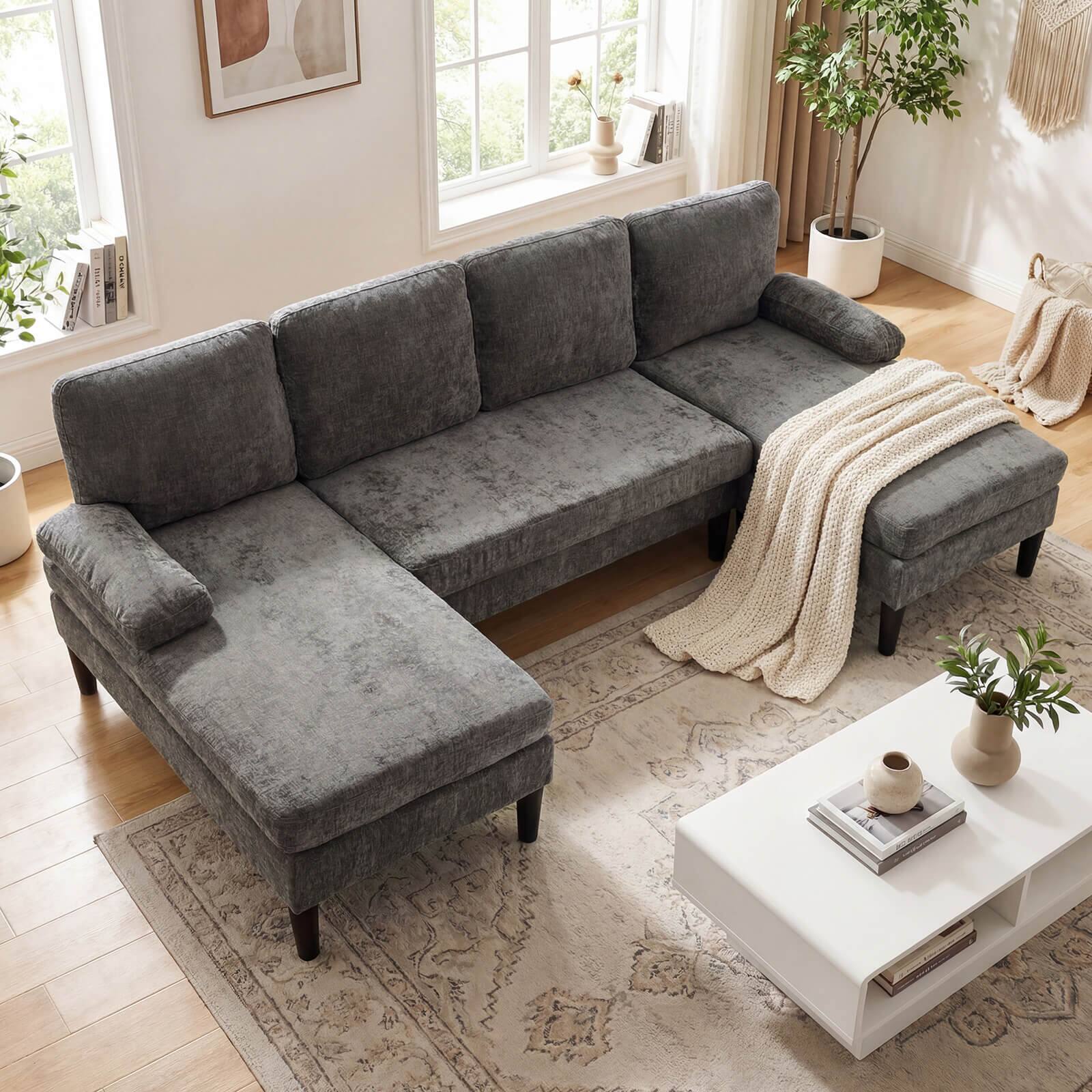 Alt View 1. Costway - Costway Sectional Couch, Chenille Upholstered Sofa Couch with Double Chaise for Home Office - Gray.