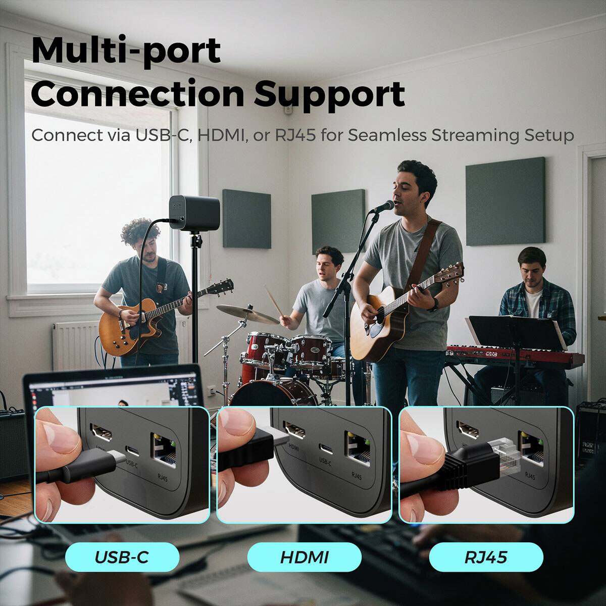 Multi-port Connection Support  
Connect via USB-C, HDMI, or RJ45 for Seamless Streaming Setup  

USB-C  
HDMI  
RJ45