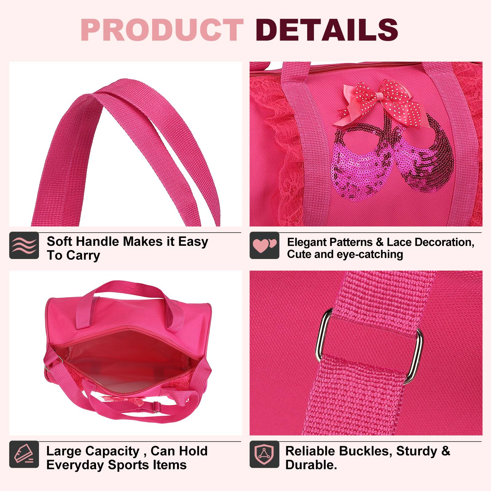 PRODUCT DETAILS

- Soft Handle Makes it Easy To Carry
- Elegant Patterns & Lace Decoration, Cute and eye-catching
- Large Capacity, Can Hold Everyday Sports Items
- Reliable Buckles, Sturdy & Durable