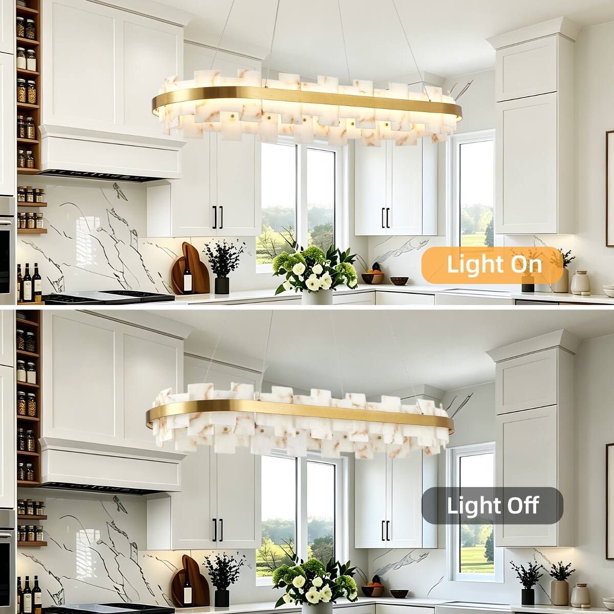 Loheer Alabaster Rectangle Chandelier, Gold Iron Frame, Adjustable ...