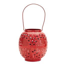 BreeBe - Punched Metal Candle Lantern 8"H - Red