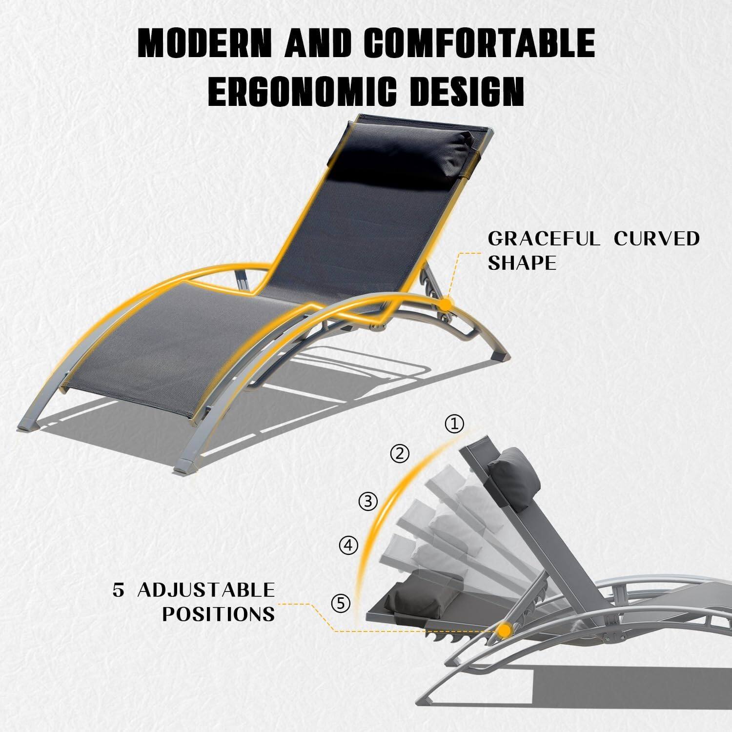 MODERN AND COMFORTABLE ERGONOMIC DESIGN

GRACEFUL CURVED SHAPE

5 ADJUSTABLE POSITIONS