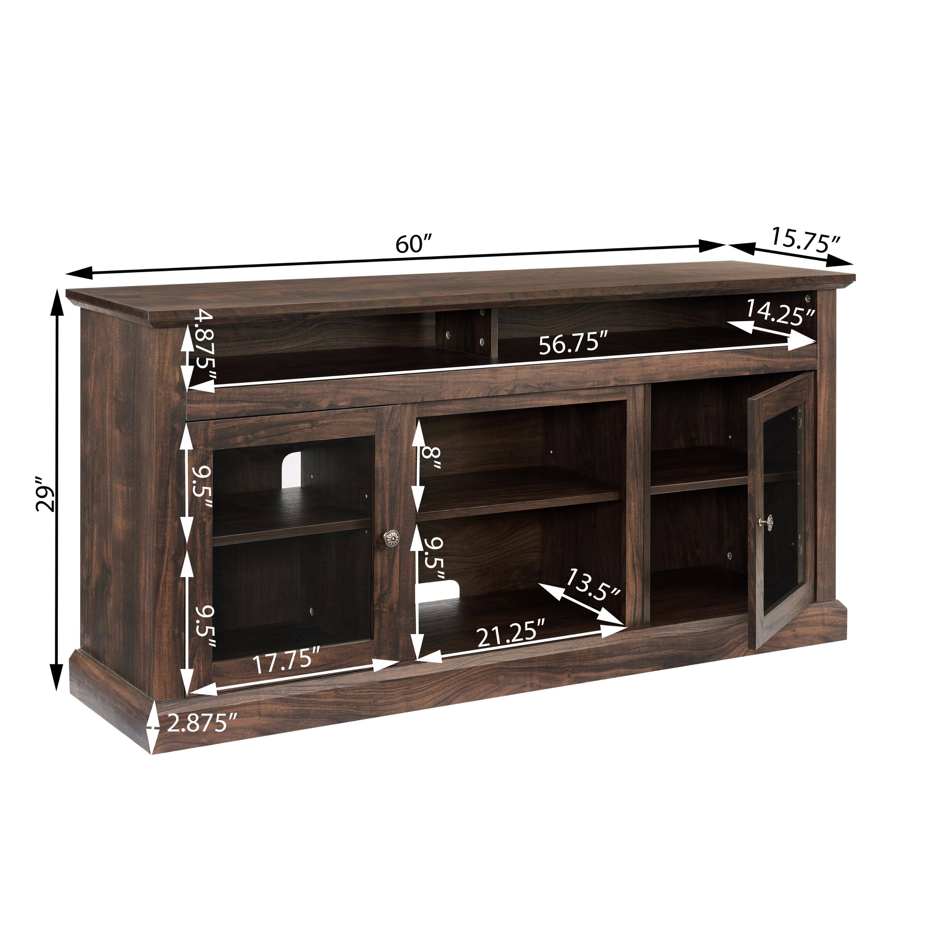 Sure, here is the corrected and grouped text from the image:

- Width: 60"
- Depth: 15.75"
- Height: 29"
- Top Shelf Width: 56.75"
- Top Shelf Depth: 14.25"
- Middle Shelf Width: 56.75"
- Middle Shelf Depth: 13.5"
- Bottom Shelf Width: 56.75"
- Bottom Shelf Depth: 21.25"
- Side Cabinet Width: 14.25"
- Side Cabinet Height: 17.75"
- Side Cabinet Depth: 9.5"
- Side Cabinet Door Height: 9.5"
- Side Cabinet Door Width: 9.5"
- Overall Height: 29"
- Overall Depth: 15.75"
- Overall Width: 60"
- Overall Height: 29"
- Overall Depth: 15.75"
- Overall Width: 60"
- Overall Height: 29"
- Overall Depth: 15.75"
- Overall Width: 60"
- Overall Height: 29"
- Overall Depth