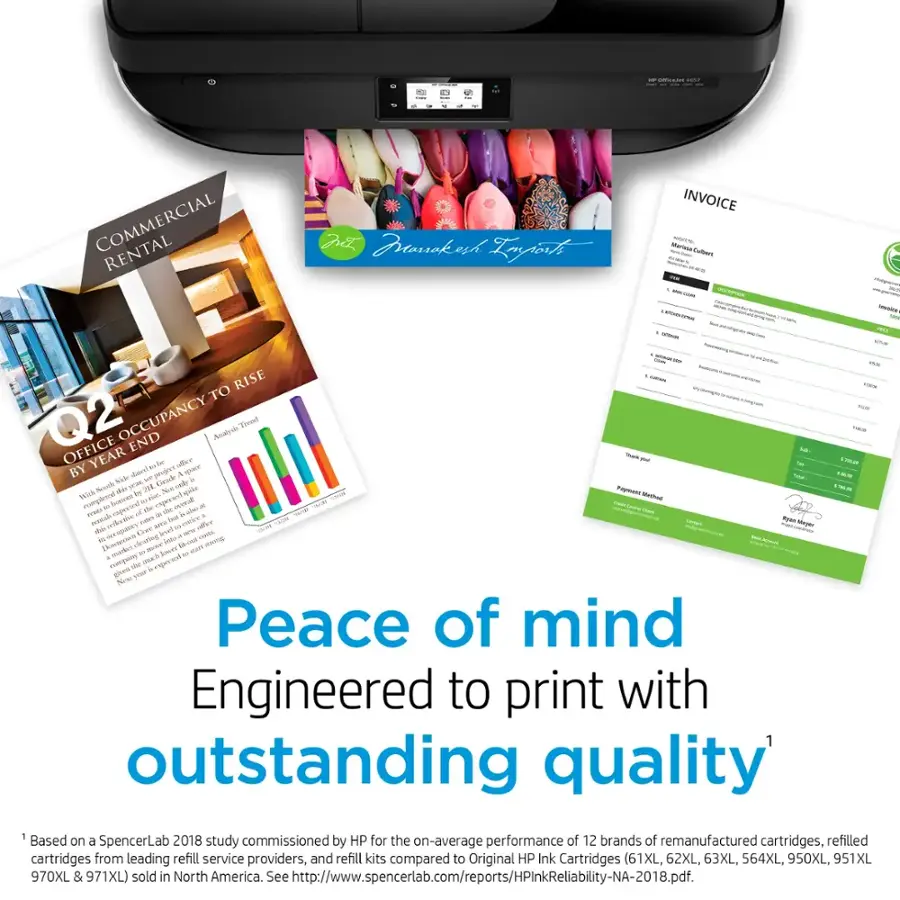 The image features a printer and various printed materials, including an invoice, a commercial rental agreement, and a brochure. The printer is described as being engineered to print with outstanding quality, based on a SpencerLab 2018 study. The study compared the performance of remanufactured cartridges, refill kits, and leading refill service providers to Original HP Ink Cartridges. The image also includes a peace of mind statement, indicating that the printer is designed to provide a sense of security and reliability.