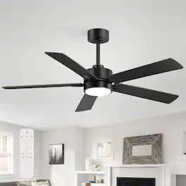 Breezary - 52" Modern Indoor Ceiling Fan with LED Light, 5 Reversible Plywood Blades, 6-Speed DC Motor, Remote, Timer, 5" Downrod - All Black