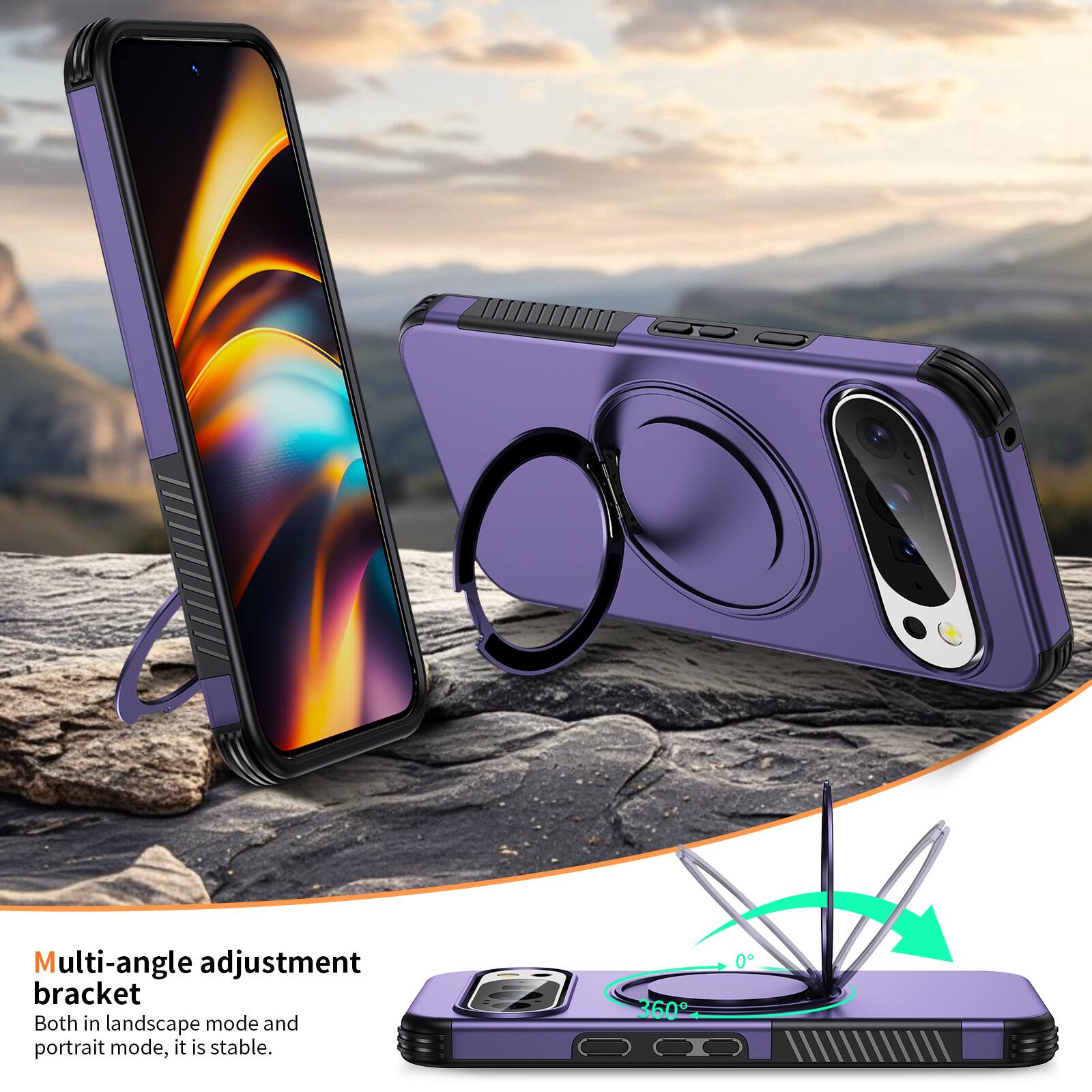 Multi-angle adjustment bracket  
Both in landscape mode and portrait mode, it is stable.  
360°