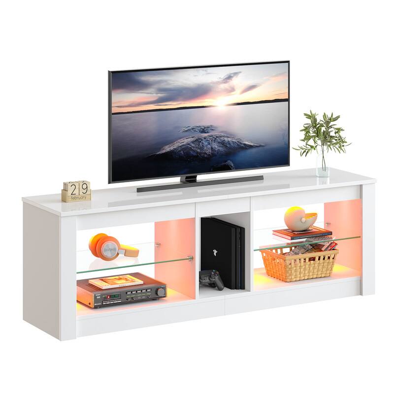 Bestier - TV Stand for TVs up to 60" Entertainment Center with LED Lights Storage Shelves Modern High Gloss Console Table - Bright White