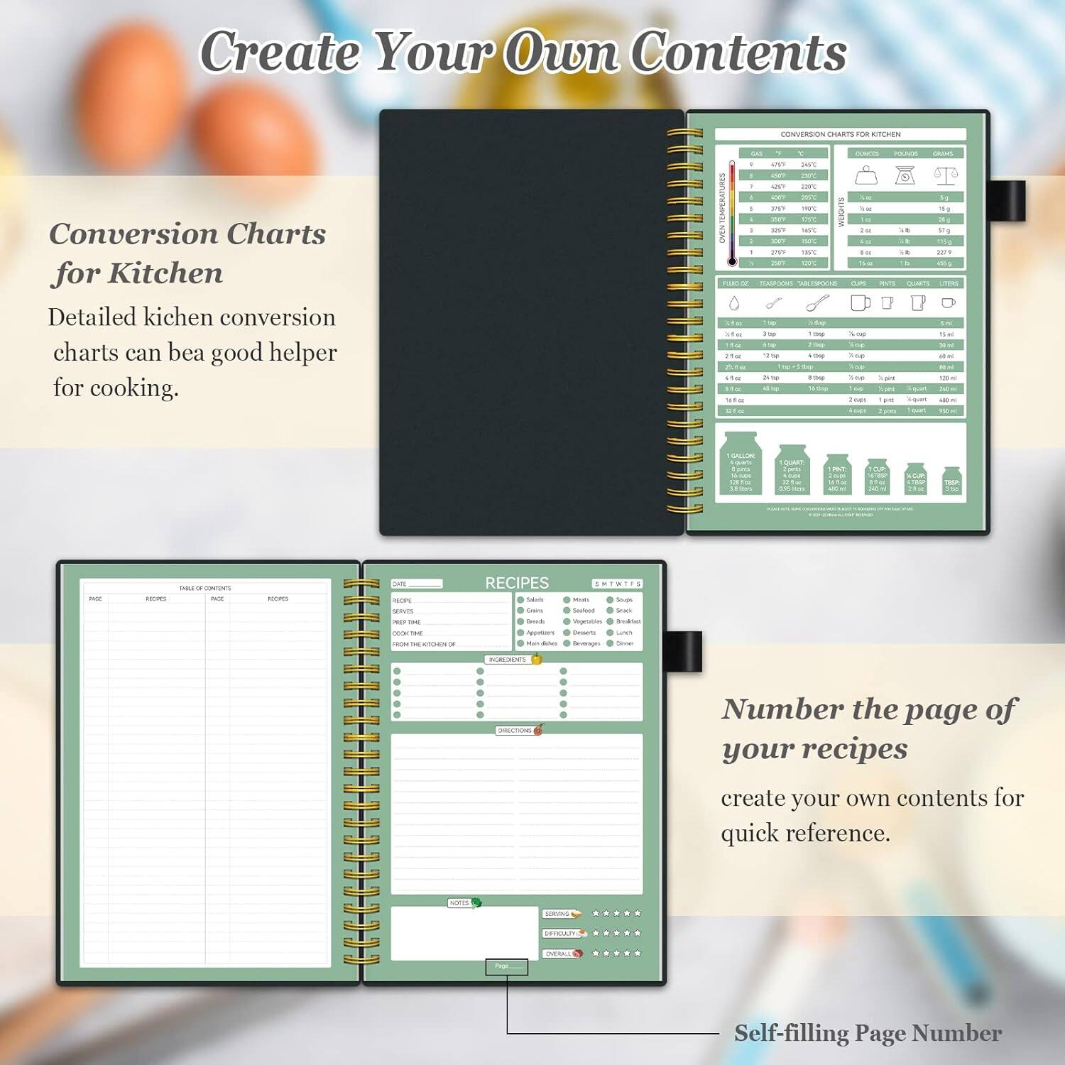 Create Your Own Contents

Conversion Charts for Kitchen
Detailed kitchen conversion charts can be a good helper for cooking.

Number the page of your recipes
create your own contents for quick reference.

Self-filling Page Number