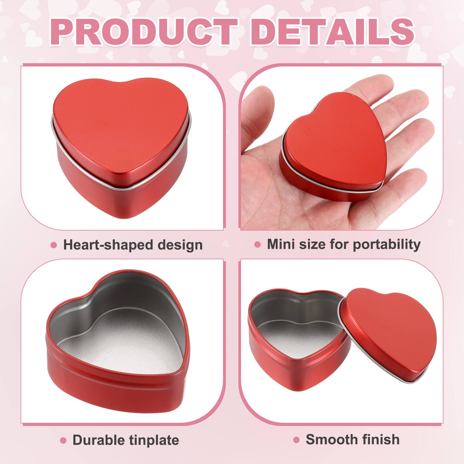 PRODUCT DETAILS

- Heart-shaped design
- Mini size for portability
- Durable tinplate
- Smooth finish