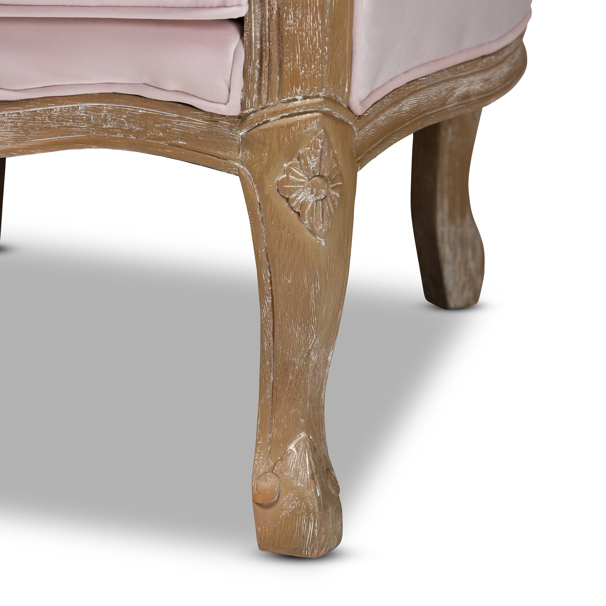 Alt View 2. Baxton Studio - Genevieve Traditional French Provincial Pink Velvet Upholstered White-Washed Oak Wood Armchair - Light Pink/Oak.