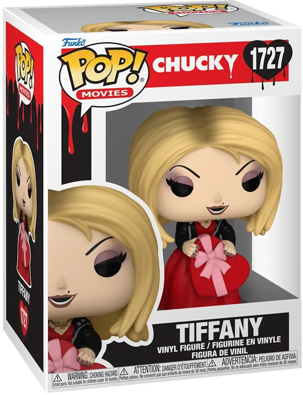 Sure, here is the corrected and grouped text from the image:

---

**Funko POP! MOVIES**

**CHUCKY 1727**

**TIFFANY**

VINYL FIGURE / FIGURINE EN VINYLE / FIGURA DE VINIL

**WARNING: CHOKING HAZARD.** Small parts. Not suitable for children under 36 months.  
**ATTENTION:** Petites pièces. Ne convient pas aux enfants de moins de 36 mois.  
**ADVERTENCIA:** PELO DE ASFIXIA. No es adecuado para niños menores de 36 meses.

---

This text is organized to reflect the information on the packaging, including the brand, character, series number, and safety warnings.