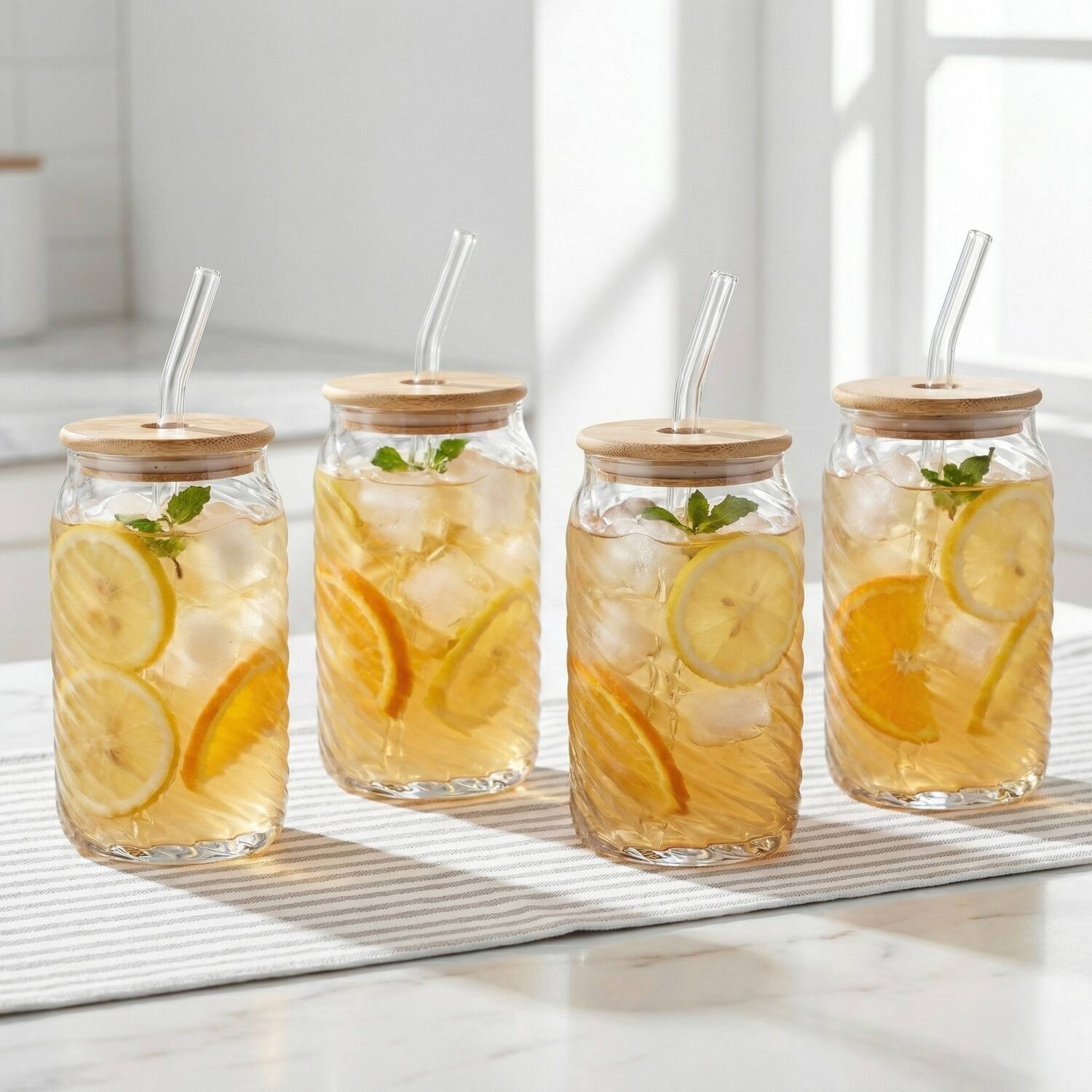 Left. Jay Import - Belmar Set of 4 Glass Sippers 18oz - Clear.