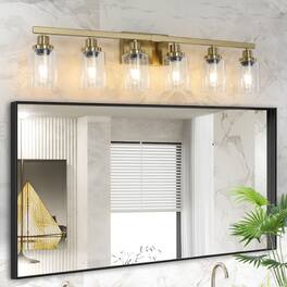 LUCKY ONE - 37in Wall Mount Vanity Light, 6-Light Iron Sconce with Clear Glass Shades for Bathroom - Gold