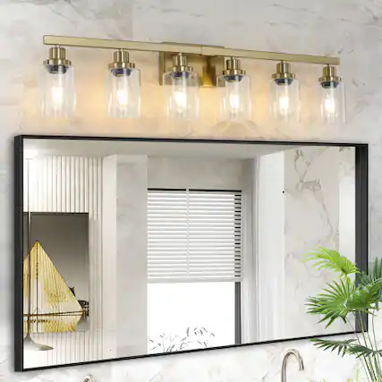 Front. LUCKY ONE - 37in Wall Mount Vanity Light, 6-Light Gold Iron Sconce with Clear Glass Shades for Bathroom - Gold.