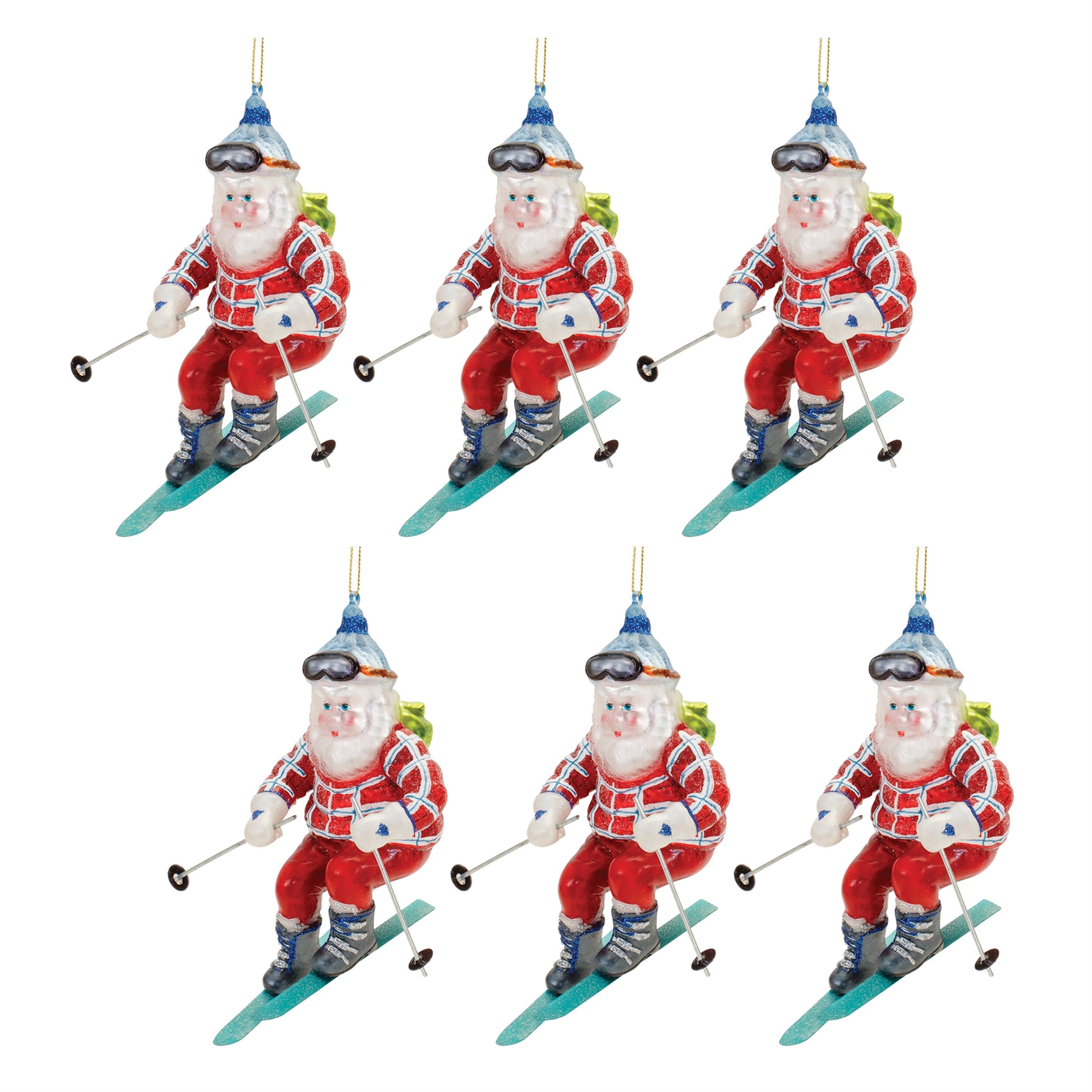 Left. BreeBe - Glass Ski Santa Ornament (Set of 6) - Red, Green.