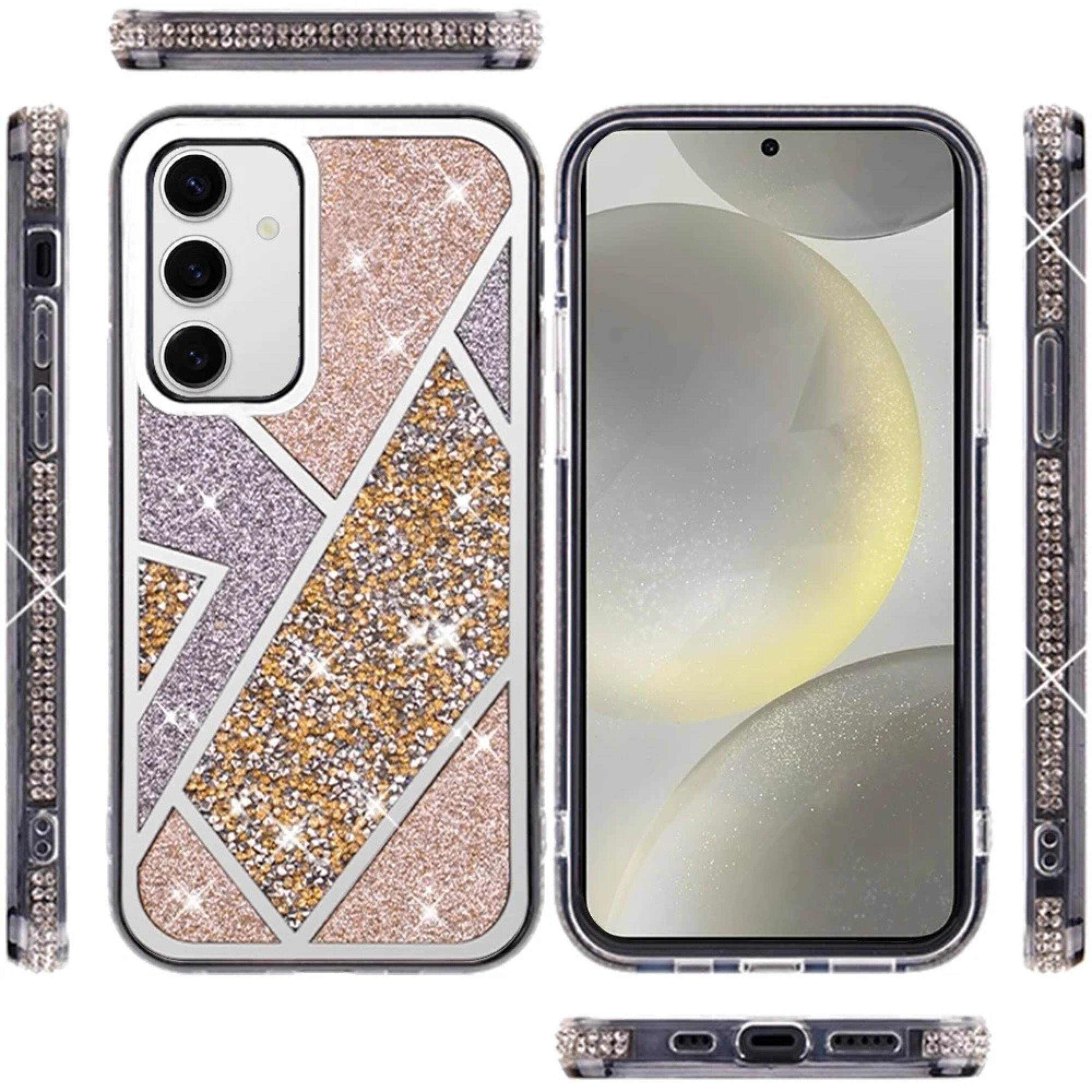 Left. Kitcheniva - Rhombus Bling Glitter Diamond Phone Case With Tempered Glass For Samsung S25 Plus S24 Plus Gold - Gold.
