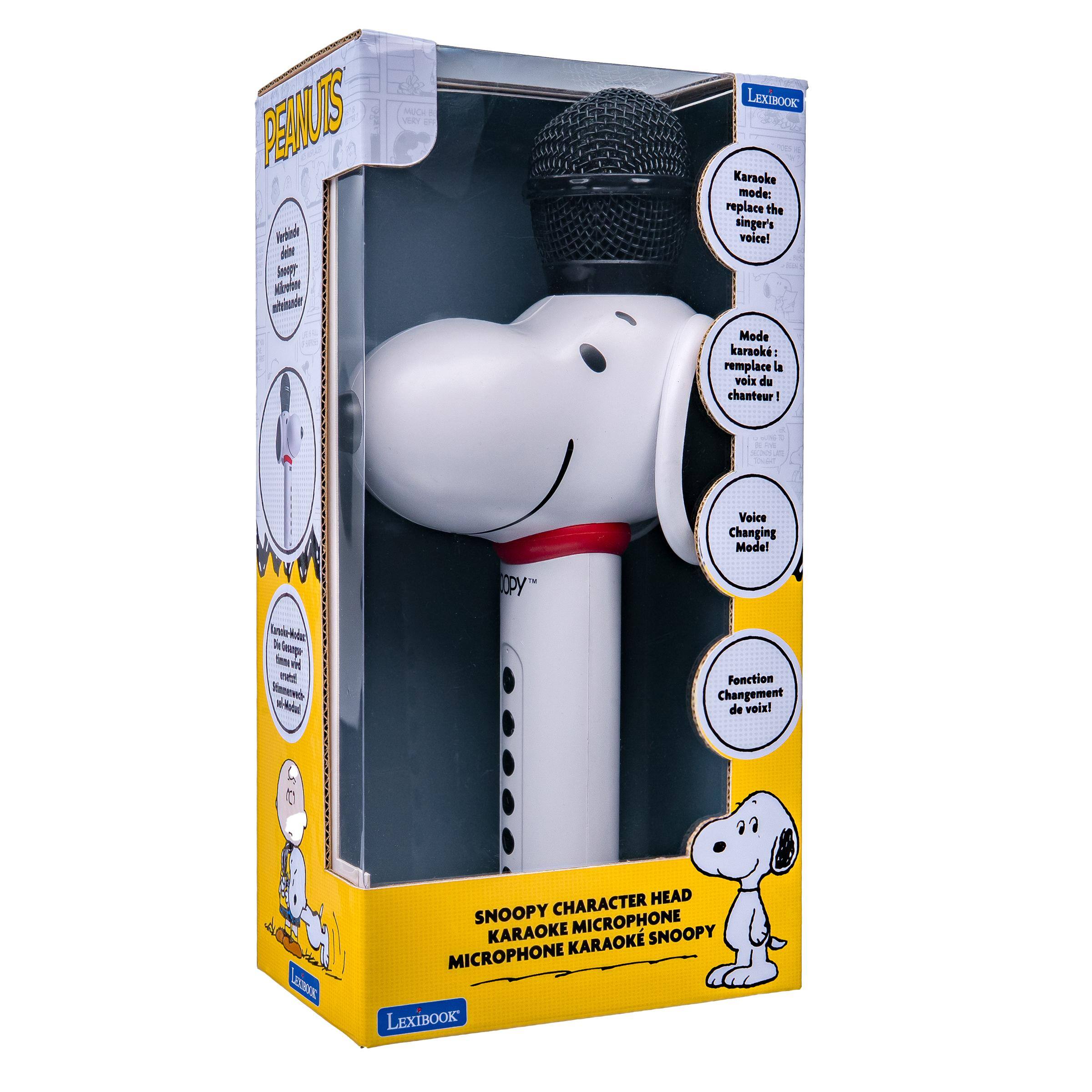PEANUTS

LEXIBOOK Karaoke mode: replace the singer's voice! Mode karaok: remplace la voix du chanteur!

Conie-Rodadas Generge vie envid Sommerved- wi-Hodad

OPY

Voice Changing Mode! Fonction Changement de voix!

0

NOOBIET

CHARACTER HEAD SNOOPY MICROPHONE KARAOKE KARAOK SNOOPY MICROPHONE LEXIBOOK