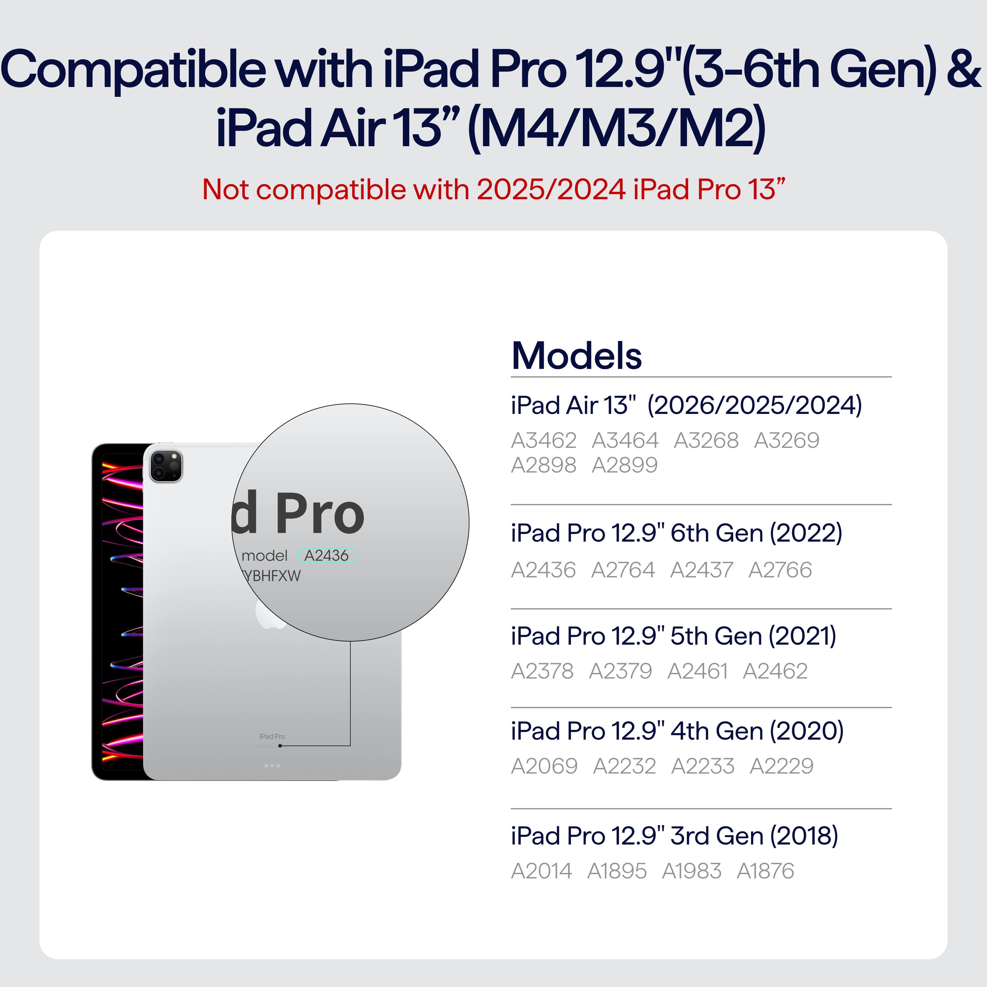 Compatible with iPad Pro 12.9" (3-6th Gen) & iPad Air 13" (M4/M3/M2)

Not compatible with 2025/2024 iPad Pro 13"

Models

- iPad Air 13" (2026/2025/2024)
  - A3462
  - A3464
  - A3268
  - A3269
  - A2898
  - A2899

- iPad Pro 12.9" 6th Gen (2022)
  - A2436
  - A2764
  - A2437
  - A2766

- iPad Pro 12.9" 5th Gen (2021)
  - A2378
  - A2379
  - A2461
  - A2462

- iPad Pro 12.9" 4th Gen (2020)
  - A2069
  - A