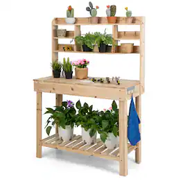 Costway - Potting Bench Table Wooden Garden Work Bench Platform with Display Rack Hidden Sink - Natural