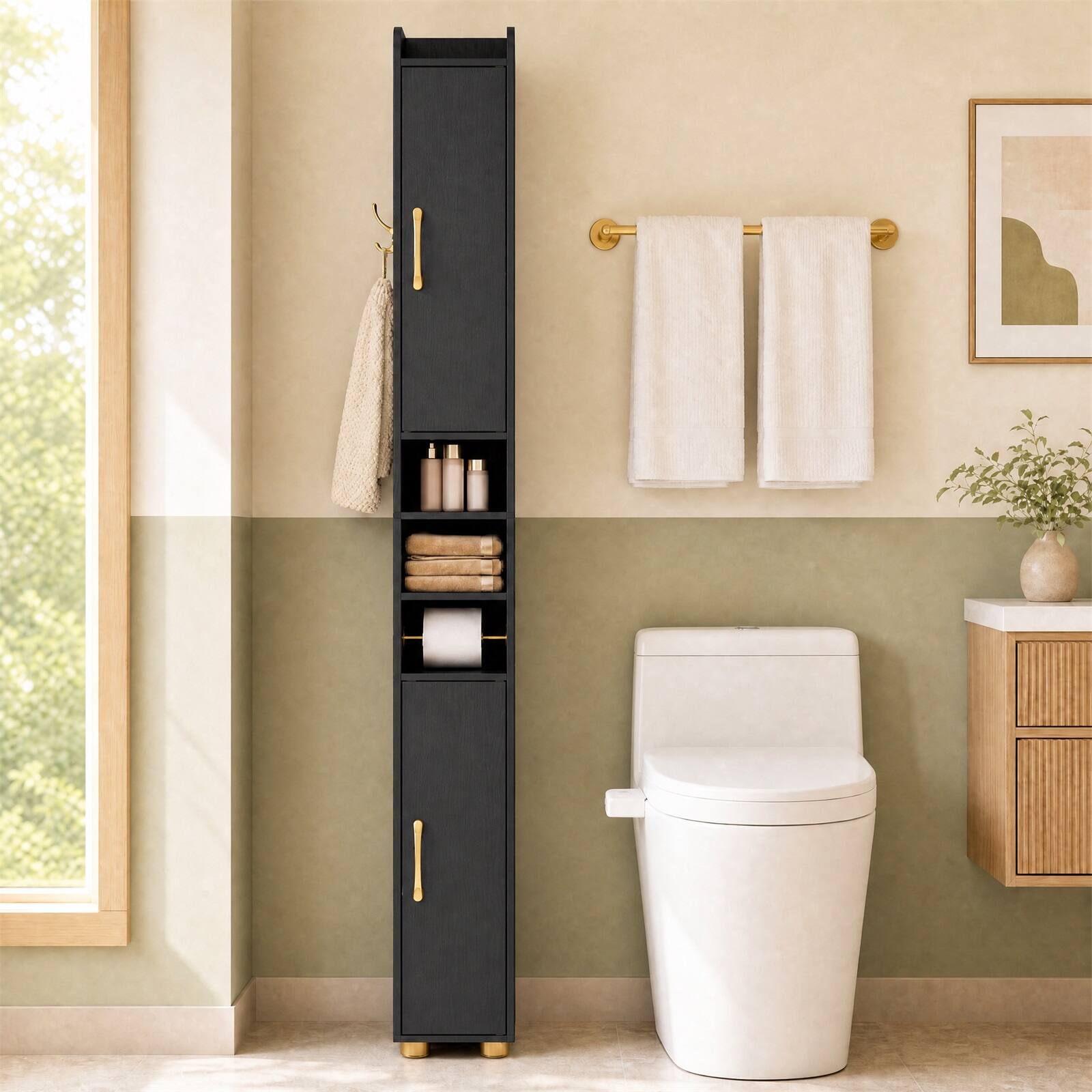 Alt View 3. Costway - Costway 1 PCS 69.5" Narrow Bathroom Cabinet with 2 Doors & Adjustable Shelves for Small Spaces - Black.