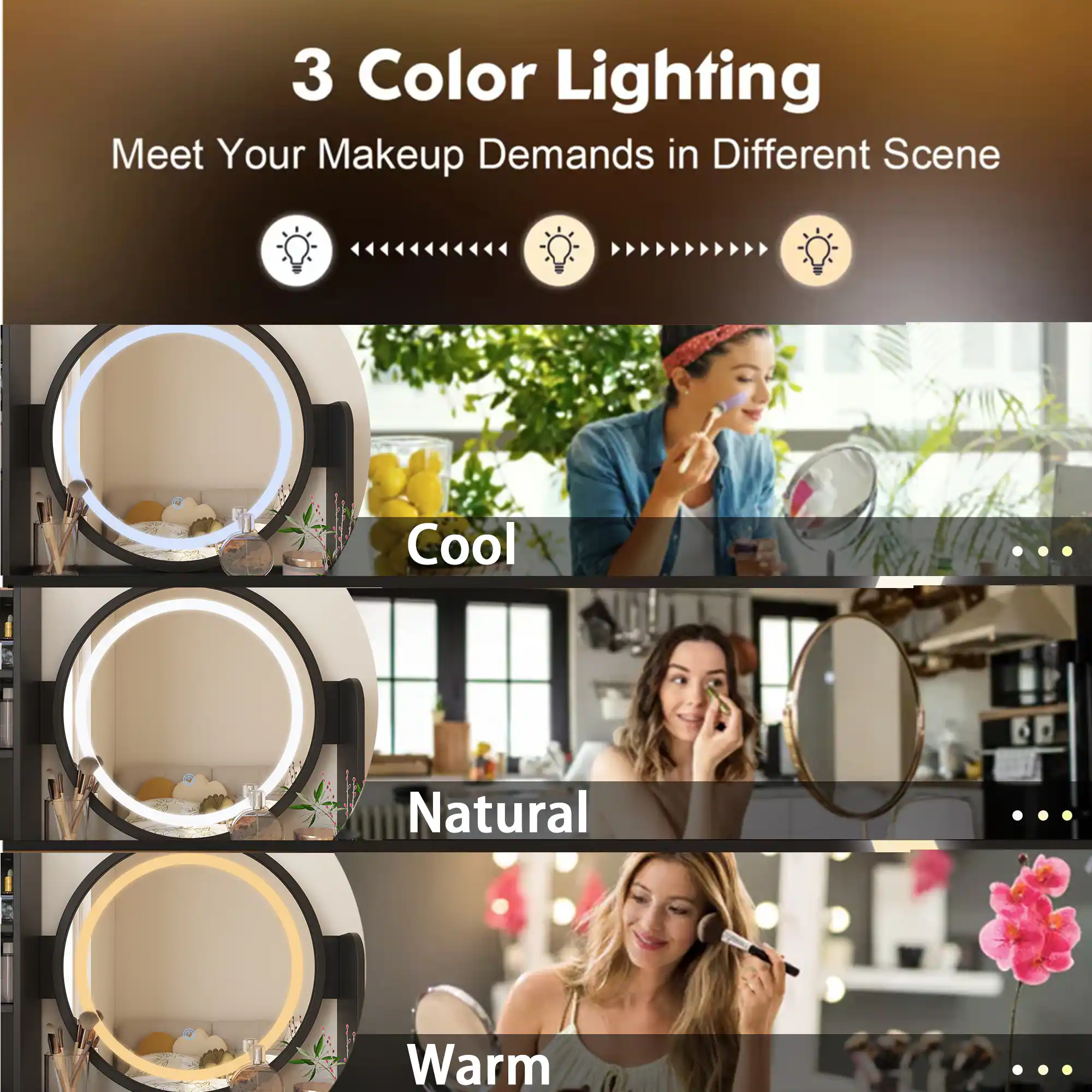 3 Color Lighting: Meet Your Makeup Demands in Different Scenes - Cool, Natural, Warm.