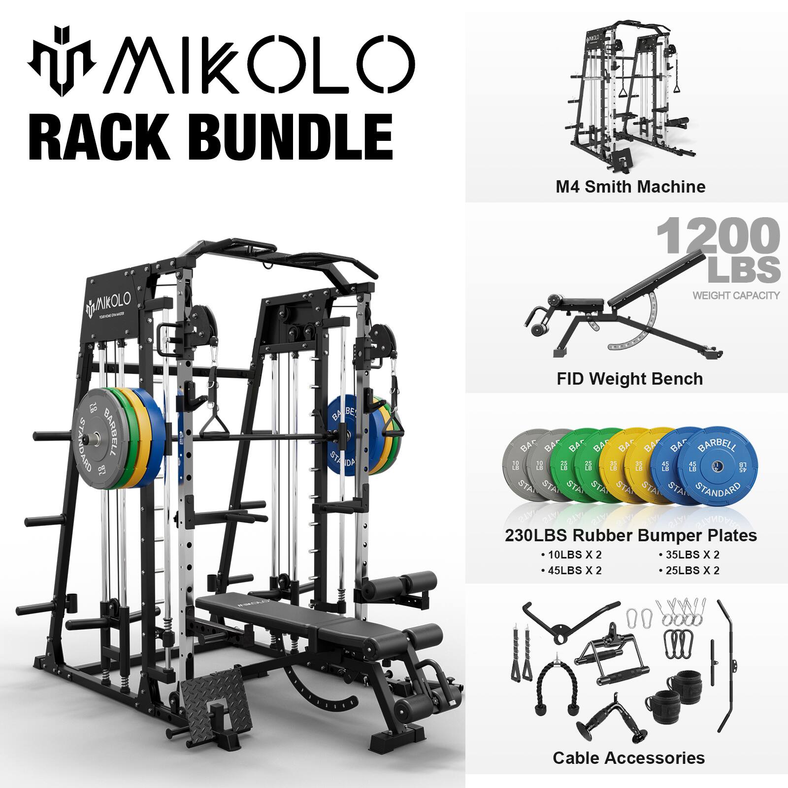 Mikolo - Smith Machine, 2200 lbs Power Rack Cage, Power Rack with 800LB Capacity Weight Bench and 230 lbs Weight Plate - Black