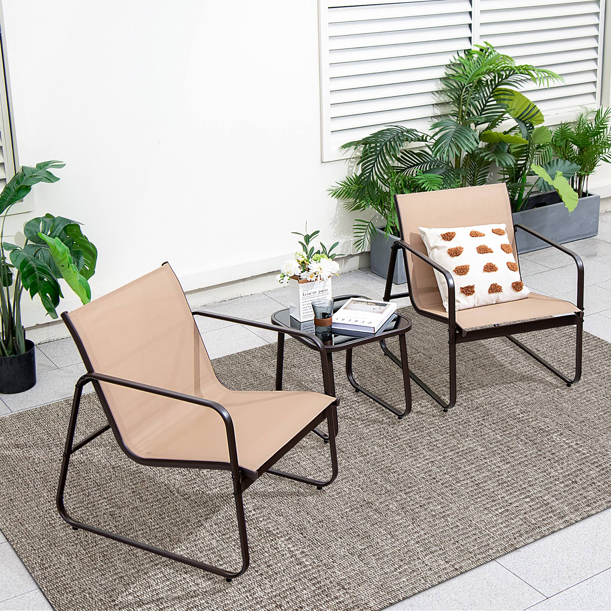 Alt View 1. Costway - Costway 3 Pieces Patio Conversation Set Outdoor Metal Chair & Table Tempered Glass Top - Brown.