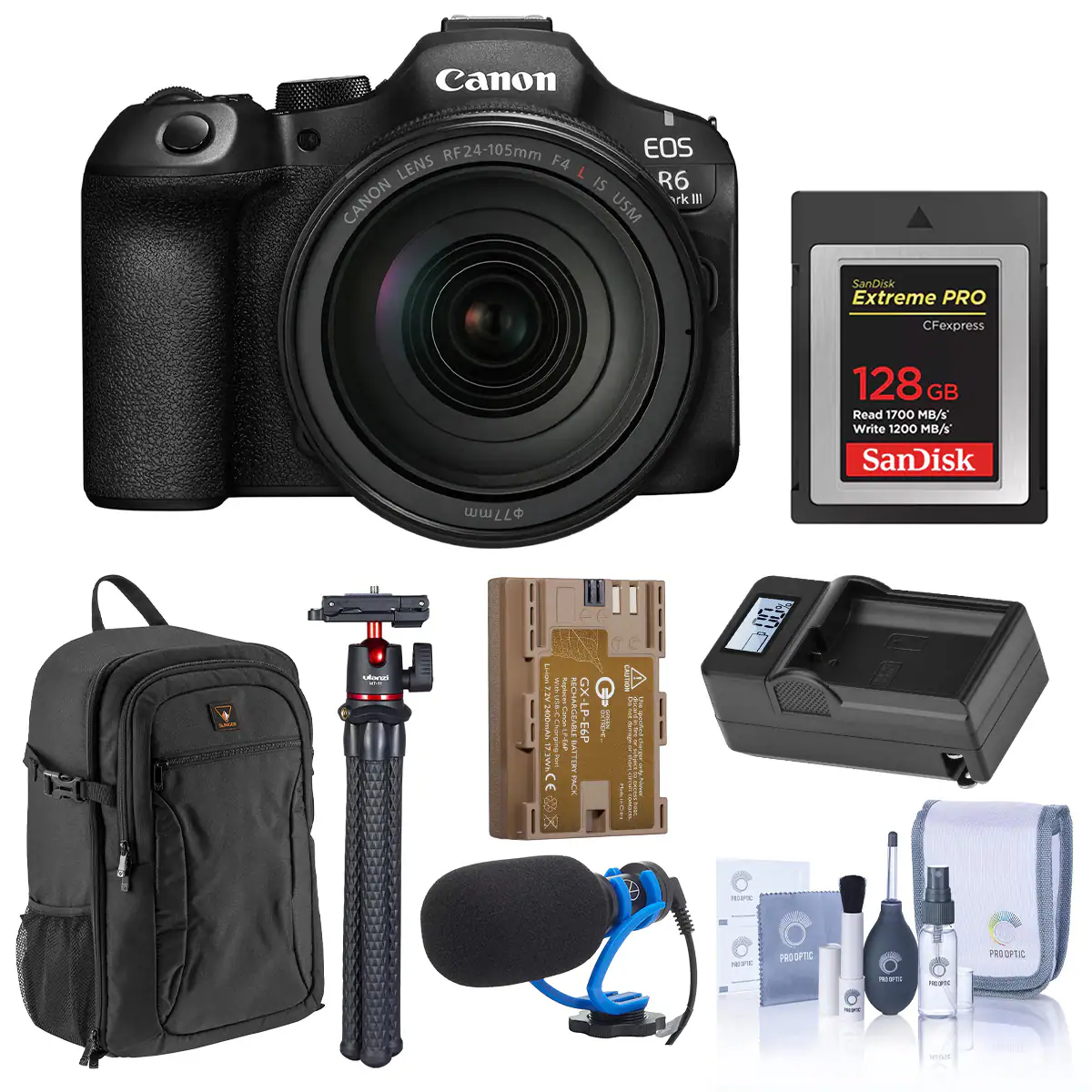 Canon RF24-105mm EOS LENS F4 IS R6 CANON rklll USM

SanDisk Extreme PRO CFexpress 128G GB Read 1700 MB/s Write 1200 MB/s SanDisk

77mm

tandu VIT VTV 3400000000000

BOXE

ff CHEE LE-EAR BATTERY RECHARGEABLE GX-LP-E6P FACE

CALISTION

on %

REFIC 15%

PRO OPTIC

PROOPTIC

PREME

NEW

NGFI

Today 580.06