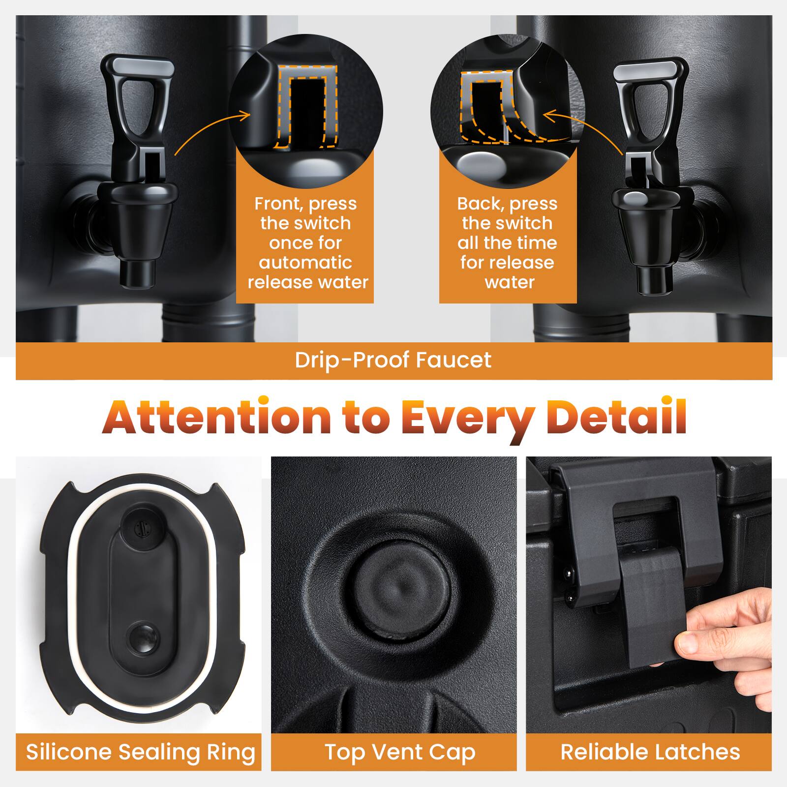 Front, press the switch once for automatic release water  
Back, press the switch all the time for release water  

Drip-Proof Faucet  
Attention to Every Detail  

Silicone Sealing Ring  
Top Vent Cap  
Reliable Latches
